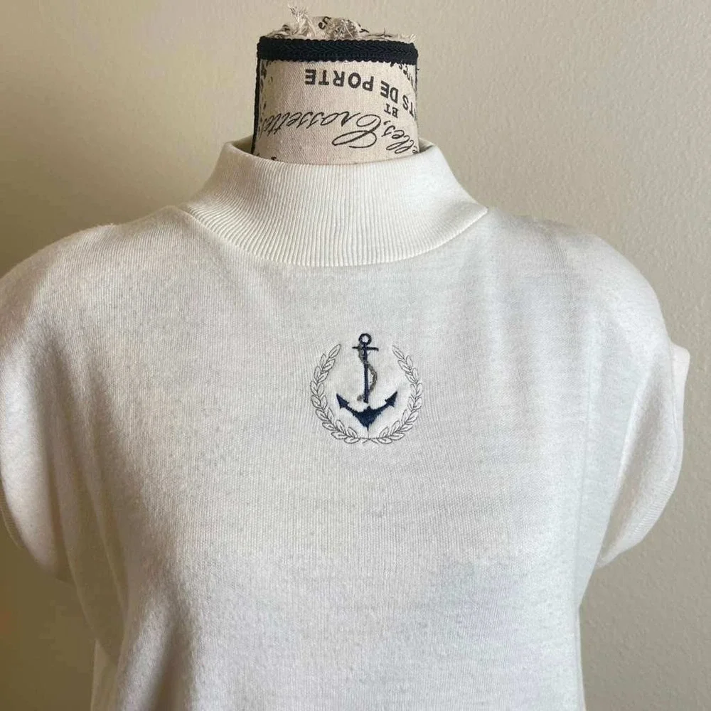 Garan by Marita Vintage‎ White Mock Neck Nautical Anchor Knit Vest  Padded